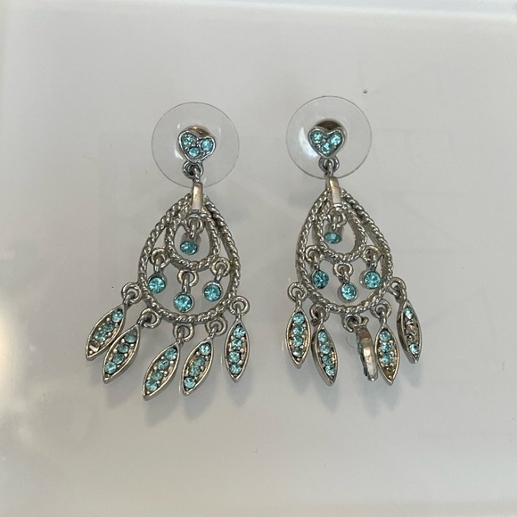 Silver Toned Blue Crystal Chandelier Earrings - Picture 2 of 5